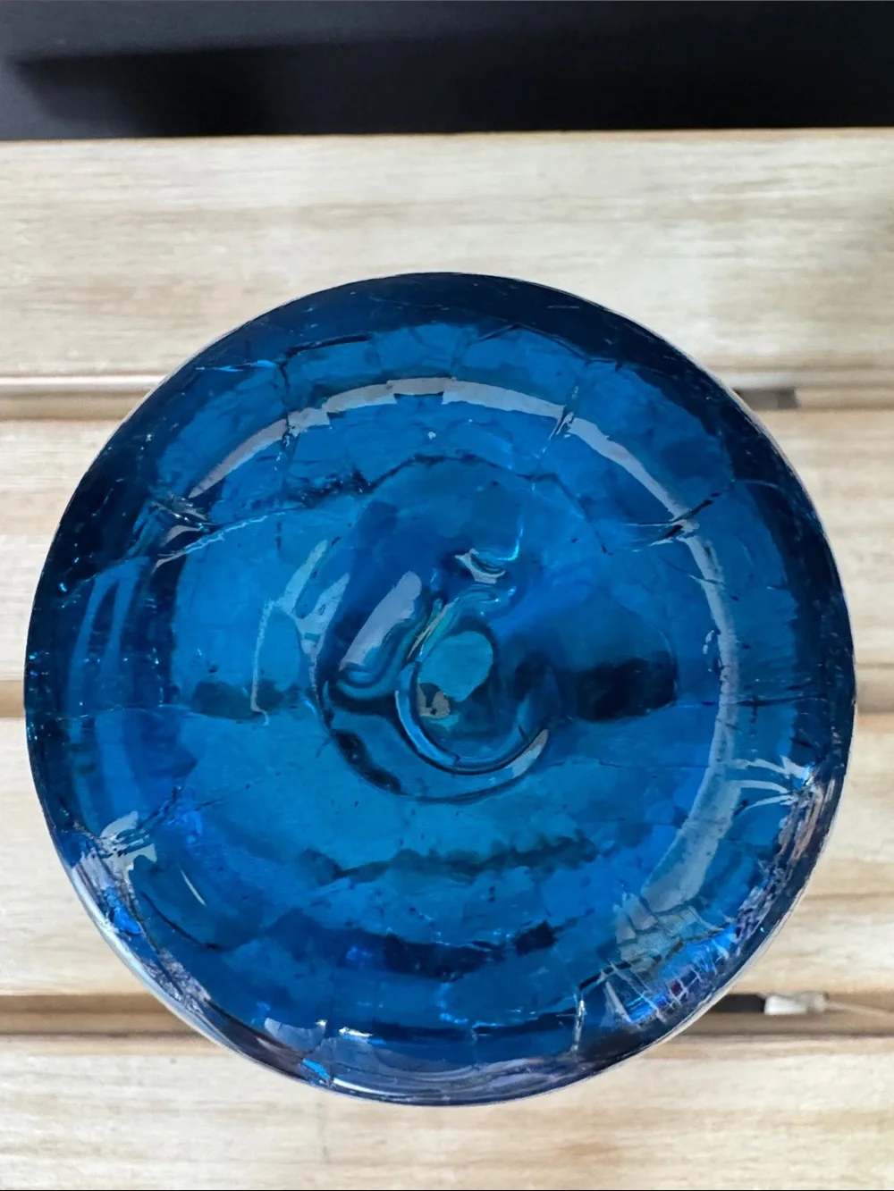 VTG Blue Crackle Glass Vase Ruffled Rim Hand Blown Art Glass Mid-Century